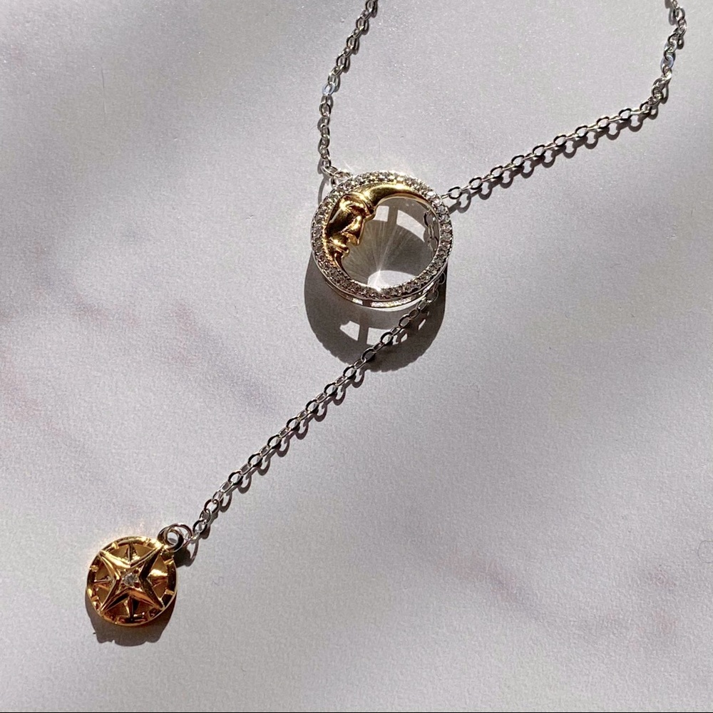 Sterling silver Sun Moon necklace with sliding Star pendant, silver and gold